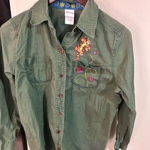 Disney Olive Green Button Down Shirt with Tigger and Floral Embroidery